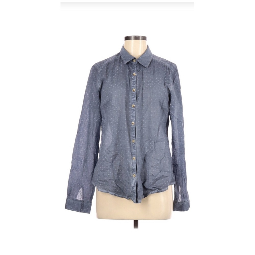 Cotton Medium Blue Dot Star Chambray Shirt Long Sleeve Button Casual Preppy‎